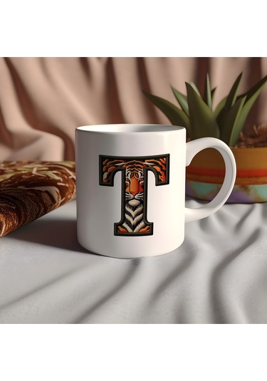 T Harfi Kaplan Figürlü Nakış Desenli Kupa Bardak - Kişiye Özel Vahşi Hayvan Desenli Kupa - Hediye Beyaz