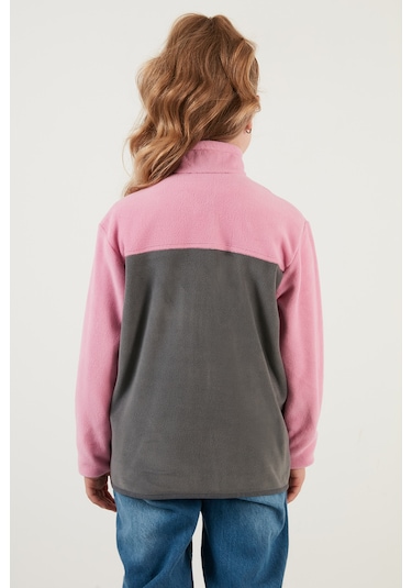 Lela Yumuşak Dokulu Fermuarlı Renk Bloklu Dik Yaka Cepli 2'Li Paket Hırka Çocuk Polar 5905001S2 Fuşya Lacivert-Şeker Pembe Gri