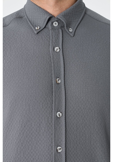 White Stone Gri Mikro Desenli Dynamic Fit Uzun Kollu Gömlek