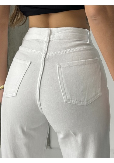 Kadın Yüksek Bel Keten Boyfriend Bol Paça Beyaz