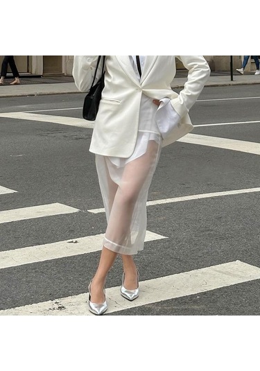 Seksi Şeffaf File Etek Kadın Beyaz Yüksek Bel Yırtmaçlı Bol Uzun Etekler Sonbahar Sokak Modası Kulüp Parti Eteği Kadın Beyaz