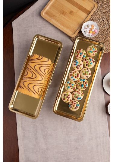 2'li Gold Dikdörtgen, Ayaklı Şık Kek, Pasta, Kurabiye Ve Tatlı Servis Sunum Standı Gold