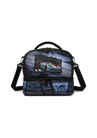 Maxaccess Black Çocuk İzole Çift Bölmeli Okul Spor Oyuncak Araba Desenli Yemek Çantası Black