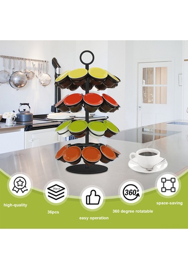 Tenfowee 360 Derece Dönebilir 36 Kapsül Kapasiteli Demir Kahve Kapsülü Organizatörü Siyah