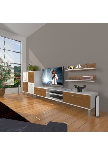 Decoraktiv Eko On Slm Dvd Krom Ayaklı Tv Ünitesi Tv Sehpası Beyaz - Ceviz