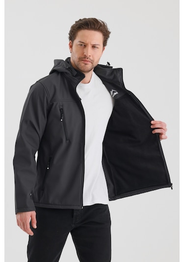 Çıkartılabilen Fermuarlı Kapüşon Cepli İçi Polarlı Su Geçirmez Softshell Erkek Mont Gri Gri