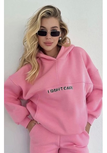Reka Moda Nakış İşlemeli Üç İplik Sweat Takım- Pembe Pembe