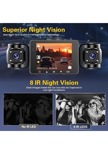 Xuweiwei 2025 Yeni 4 Lensli Dash Cam 1080p Yüksek Çözünürlüklü Mini Kamera Gece Görüşlü Geniş Açılı Araç Güvenlik Monitörü