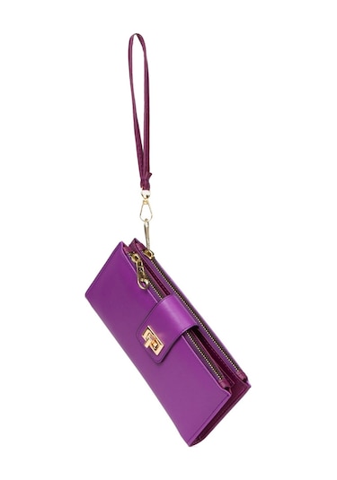 Mor Cüzdan Kağıt Bozuk Para Bölmeli Cüzdan Kilitli Bilek Asılı Siyah