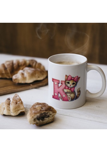 K Harfli Bardak, Sevimli Kedili Pembe Tasarım Bardak, Arkadaşa Aileye Hediye Porselen Beyaz