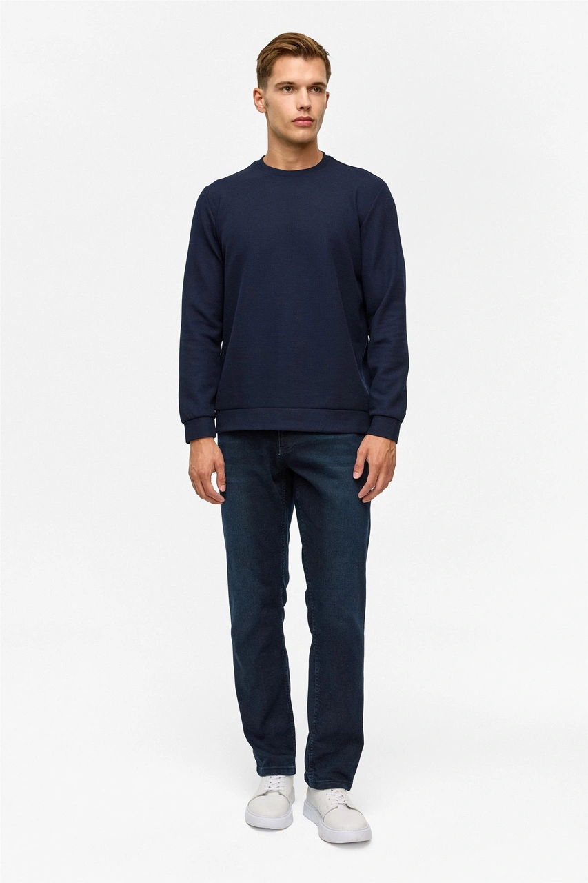 Süvari Lacivert Regular Düz Bisiklet Yaka Sweatshirt-38792 Lacivert