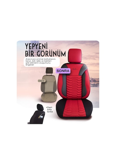 Panda Paris Serisi Pike Kumaş Oto Koltuk Kılıfı Tam Set Kırmızı - Siyah