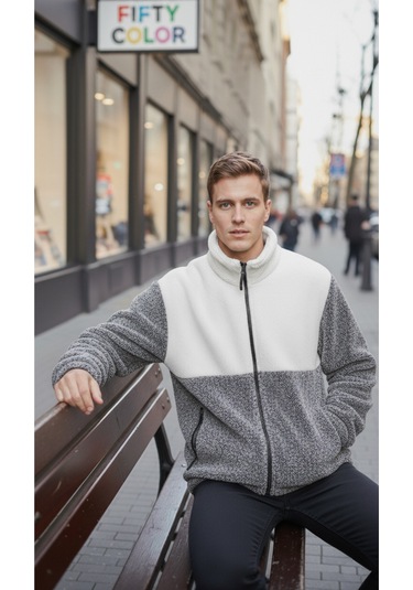 Premium Kalite Renk Bloklu, Fermuarlı, Dik Yaka, Sherpa, Polar, Peluş Ceket Gri - Beyaz