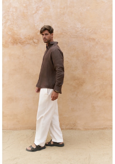 Fyfaha Bol Paça Erkek Ekru Keten Pantolon Ekru