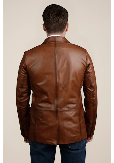 Derije Armada Hakiki Deri Erkek Taba Blazer Ceket & Yelek