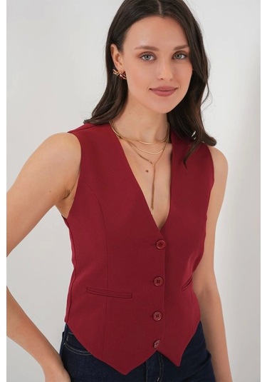 Defymoda 6796 Kısa Dokuma Yelek - Bordo Bordo