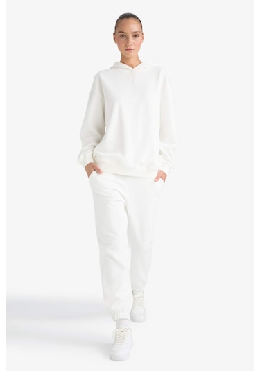 Defacto Relax Fit Kapüşonlu Basic Düz Kalın Sweatshirt D9935ax25wner105 Ekru