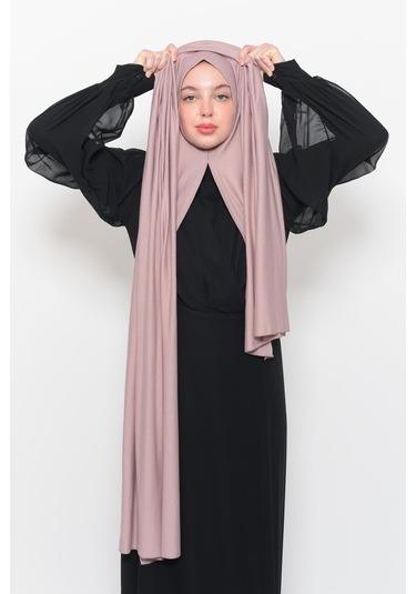 Hazır Pratik Geçmeli Lüks Düz Penye Şal Çapraz Hizalı Pudra