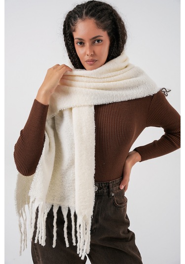 Kadın Yumuşak Dokulu Kalın Şal Atkı 15951 - Ekru Ekru