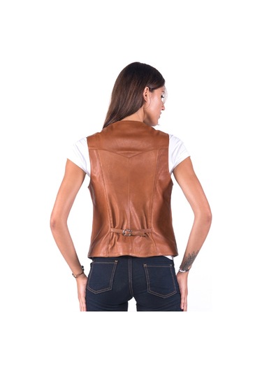 Dericlub Vittoria Kadın Düğmeli Slim Fit Hakiki Deri Yelek Viski Viski Kahverengi