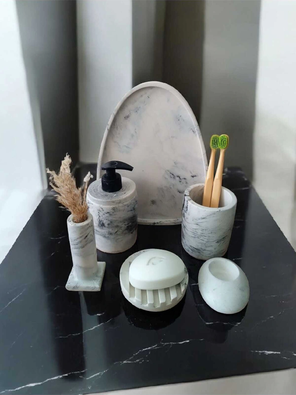 6'lı Mermer Desen Beton Banyo Seti ,sıvı Sabunluk Diş Fırçalığı Aksesuar Takım Gri