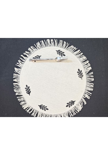 %100 Pamuklu Ham Keten Pamuk Püsküllü Minik Desen Taş Baskı 6' Lı Amerikan Servisi Supla Yuvarlak 40cm Naturel