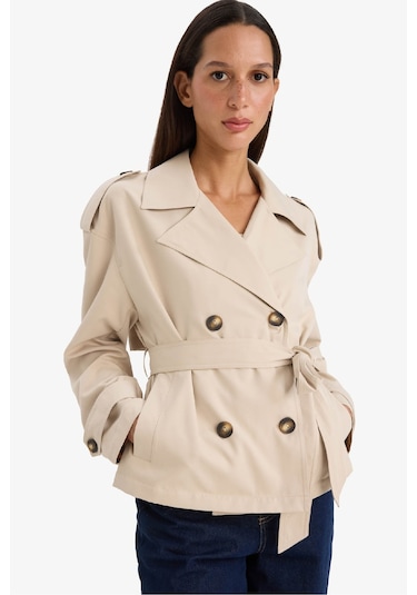 Defacto Regular Fit Cepli Kemerli Kısa Trençkot E8581ax25aubg501 Bej