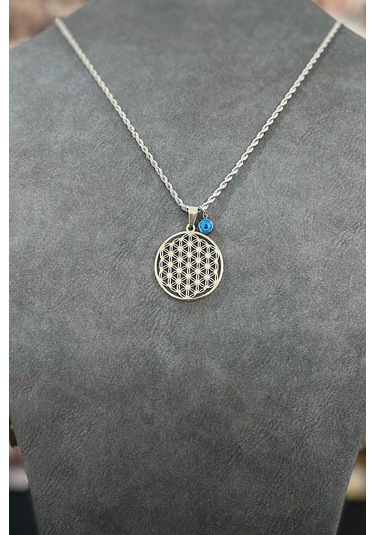 Gümüş Renk Kalın Zincir Nazar Boncuklu Çelik Hayat Ağacı Kolye 40