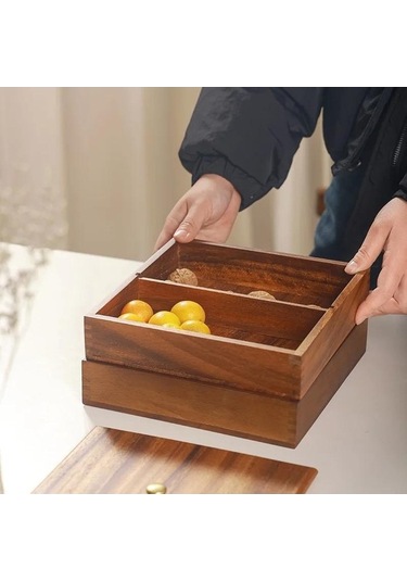 Pazly Ahşap Kapaklı 2 Katlı Kurutulmuş Meyve Tepsisi, Ev Şeker Akasya Saklama Kutusu, Kahverengi Çok Katlı İstiflenebilir Ceviz Tepsisi Kahverengi