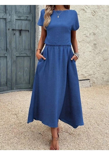 Leyla Sanat Sanata Yeni Bir Bakış Açısı Kadın Kısa Kollu Bisiklet Yaka Bluz Etekli Ithal Keten Ikili Takım Mavi