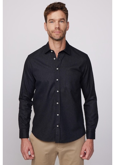 Tudors Klasik Fit Armürlü Spor Yaka Düz Oduncu Siyah Erkek Gömlek-28599-siyah Siyah