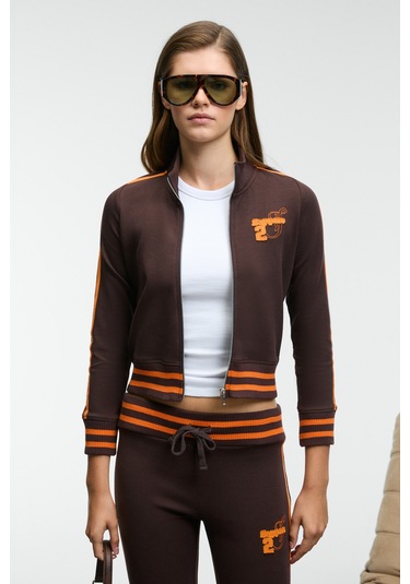 Grımelange Talysse Kadın Fermuarlı Dik Yakalı Etek Ucu Manşetli Trikolu Kahverengi Ceket Kahverengi