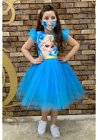 Maske Hediyeli Tül Detay Elsa Elbise Mavi