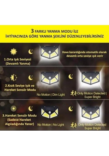 Technojet 114 Ledli 3 Modlu Cob Solar Güneş Enerjili Bahçe  Aydınl