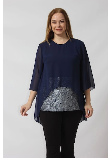 4048 Şifon -simli Dantel Kombinli Büyük Beden Bluz Lacivert Lacivert