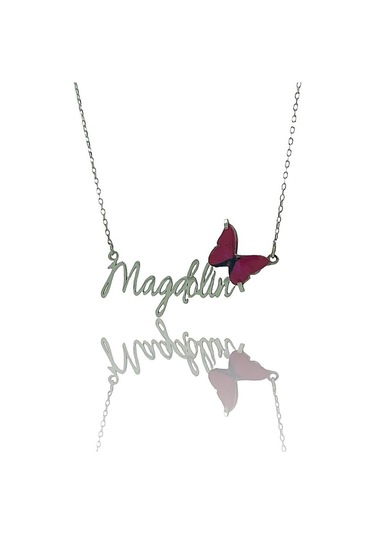 Üç Boyutlu Kırmızı Kelebek Özel Font Isim Yazılı 925 Gümüş Kolye