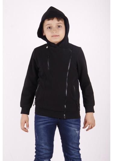 Toontoy Erkek Çocuk Cepli Fermuarlı Asimetrik Kesim Hırka Siyah