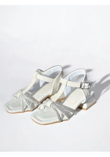 Kız Çocuk Deri Ortopedik Taşlı Topuklu Ayakkabı-15742 Ekru