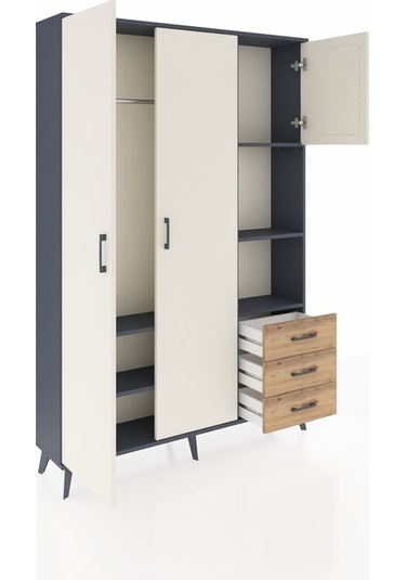 Arges Dolap 5 Raflı 3 Çekmeceli Tek Askılı 132x30x195 Antrasit-aytaşı/çam Aytası/atlas Çam
