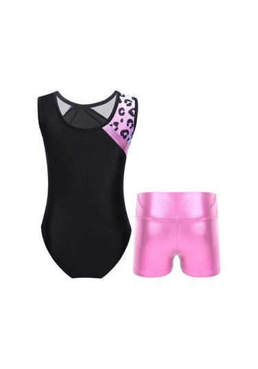 Çocuk Kız Kolsuz Baskılı Patchwork Leotard Metalik Yüksek Bel Şort Setleri Dans Pateni Jimnastik Tulum Göl Yeşili Yeşil