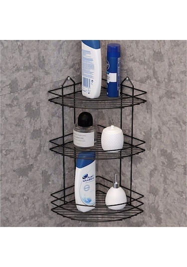 Eva Metal Tasarim Paslanmaz Siyah 3 Katlı Banyo Köşeliği Banyo Rafı Siyah