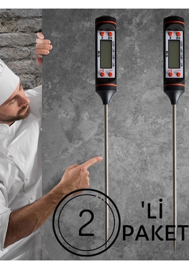 Dijital Lcd 2 Adet Siyah Renk Gıda Yemek Termometresi Yemek Isı Ölçer Pil Hediyeli
