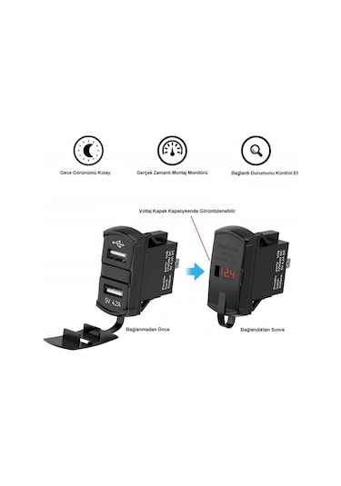 Bfy Ikili Usb Soketi + Voltmetre Kare