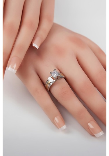 Altı Üç Şeritli Rodyumlu 925 Ayar Gümüş Bayan Alyans Yüzük -7966