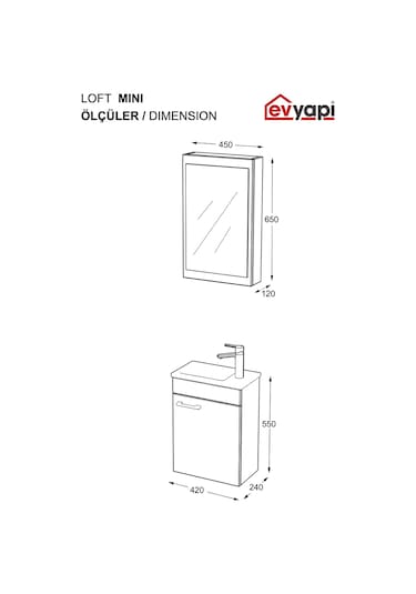 Biani Fix Loft Mini 42 Cm Banyo Dolabı,Seramik Lavabolu, Aynalı,Lavabo Dahil,Mdf,Latte