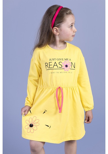 Toontoy Kız Çocuk Papatya Baskılı Elbise Sarı