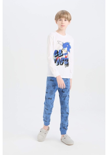 DeFacto Erkek Çocuk Pijama Takımı Sonic the Hedgehog Bisiklet Yaka Uzun Kollu Tişört Uzun Alt D5513A824WNWT34