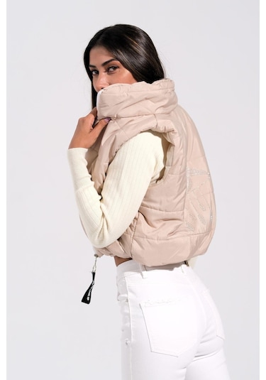 Keyifli Moda Kadın Bej Sırtı Taş İşlemeli Dik Yaka Kısa Şişme Yelek-bej Bej