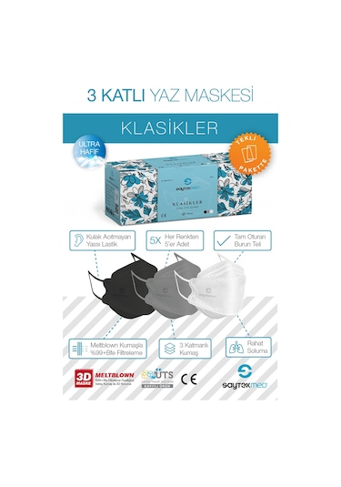 Saytekmed Meltblown Filtre Özel Tasarım ve Renkler Klasikler Maske (1 Kutu/ 15 Adet)