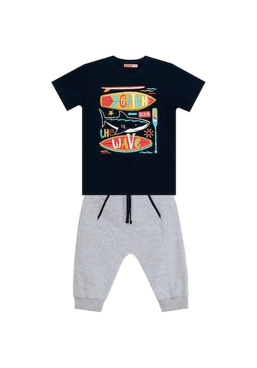Denokids Mushi Catch Wave Erkek Çocuk T-shirt Kapri Şort Takım Çok Renkli